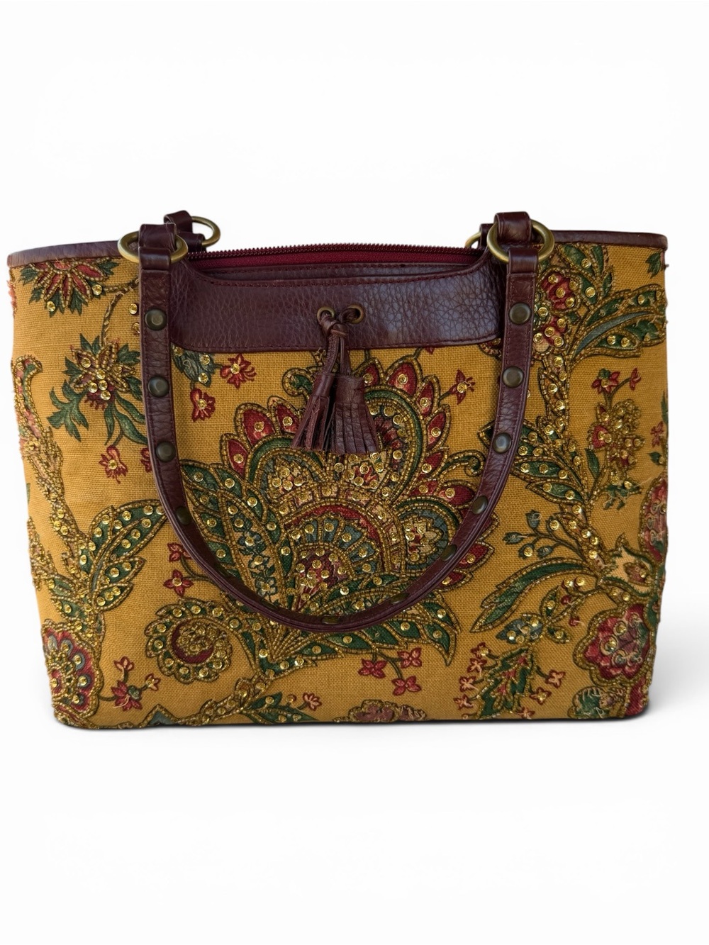 Rare Vtg Isabella Fiore Large Beaded Sequin Mustard Paisley Tote - Picture 8 of 14